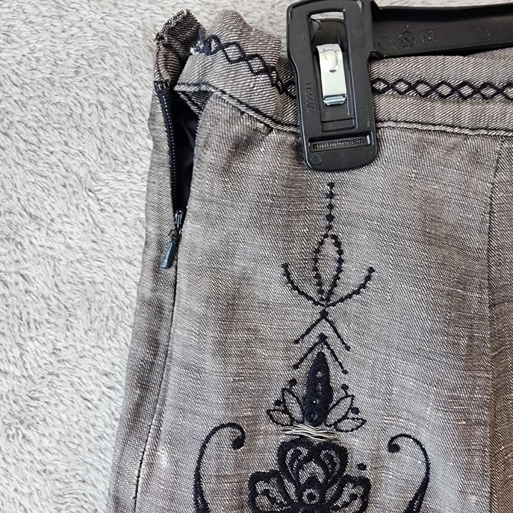 Next Petite Skirt Womens XL Grey Navy Blue Floral Embroidered Linen Blend